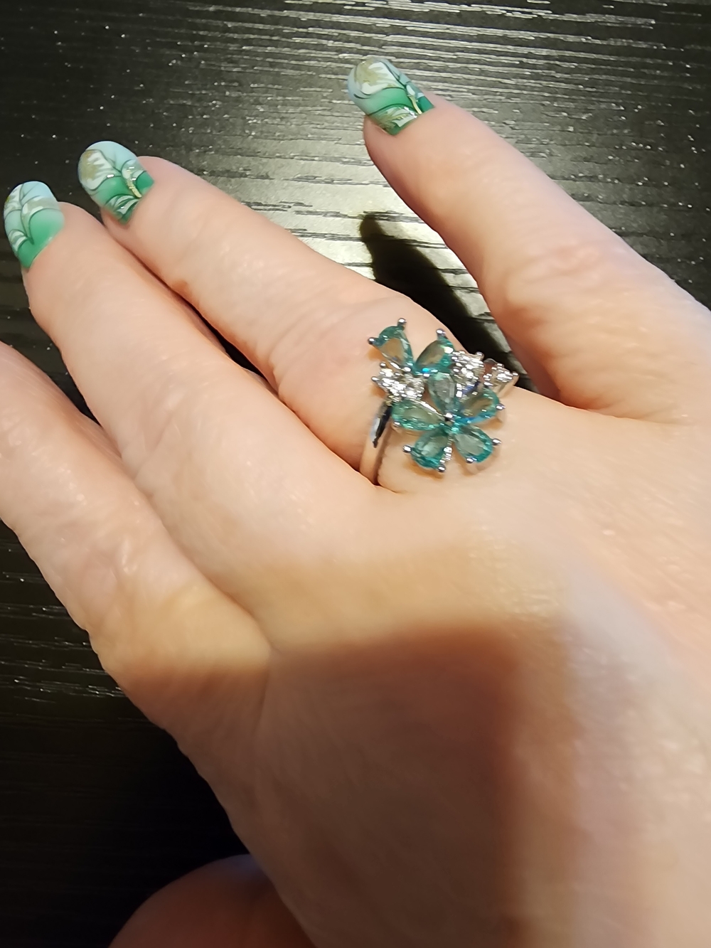 Silver Floral Teal Crystal Ring - Elegant Women's Jewelry